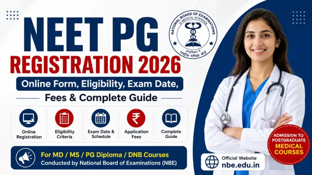 NEET PG Registration 2026 banner featuring online form details, eligibility criteria, exam date, application fees, complete guide, official NBE website, and a professional doctor image for postgraduate medical admission courses.
