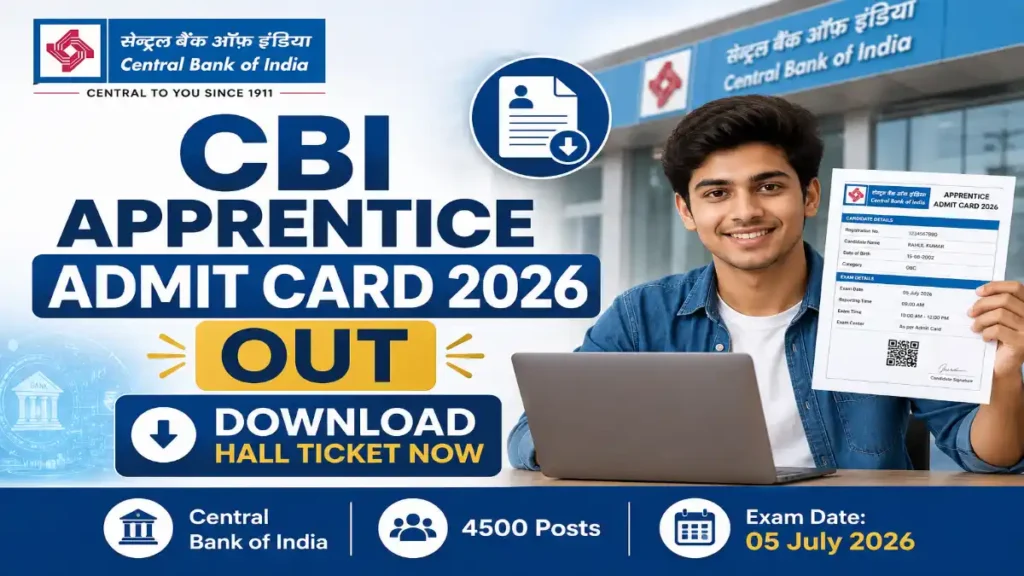 CBI Apprentice Admit Card 2026 download notification image with Central Bank of India apprentice exam details, 4500 vacancies, exam date, and admit card release information.