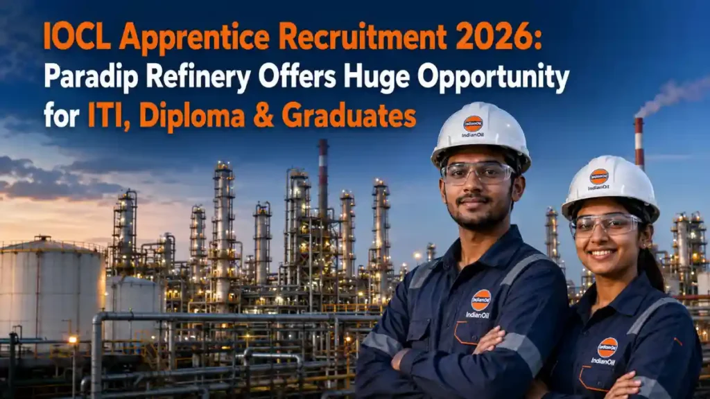 Professional banner showing IOCL Paradip Refinery with apprentice candidates in safety helmets and industrial uniforms at a modern refinery plant for IOCL Apprentice Recruitment 2026.