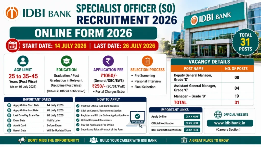 IDBI Bank Specialist Officer (SO) Online Form 2026