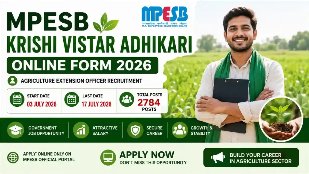 MPESB Krishi Vistar Adhikari Online Form 2026 featured image showing an Agriculture Extension Officer standing in a green crop field with 2784 vacancies announced by the Madhya Pradesh Employees Selection Board.